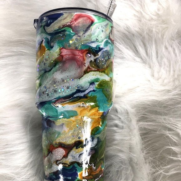 32 Ounce Tumbler Hand Painted Teal Blue Yellow Red Silver Lid Straw & Brush - Picture 1 of 16